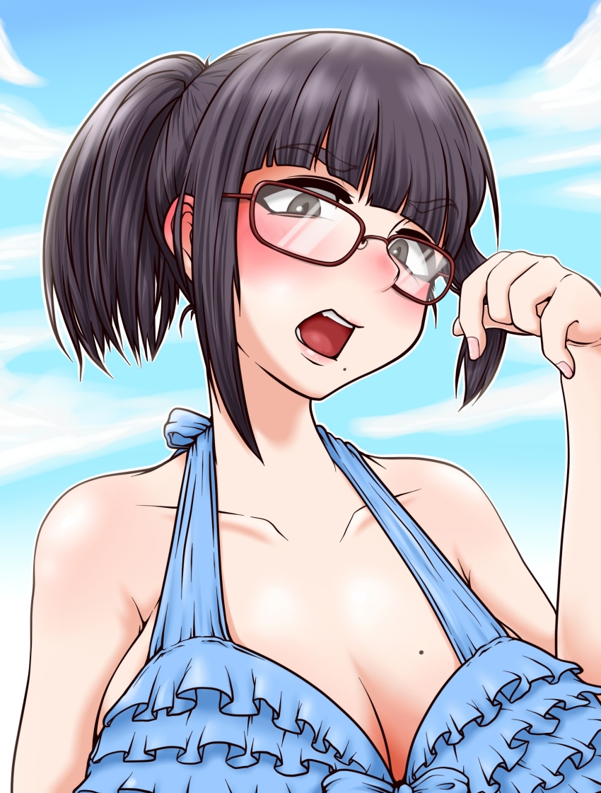 1girl, bikini, blush, breasts, cleavage, day, frilled_bikini, frills