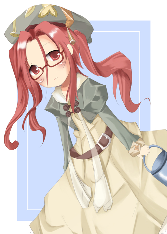 1girl, bad_anatomy, belt, belt_buckle, beret, blue_background, brown_belt, bucket, buckle, closed_mouth, drop_(rune_factory), frown, glasses, green_hat, hair_between_eyes, hat, holding, holding_bucket, juliet_sleeves, ku_rage, long_hair_between_eyes, long_sleeves, pale_skin, pink_hair, puffy_sleeves, red-framed_eyewear, red_eyes, rune_factory, rune_factory_frontier, semi-rimless_eyewear, solo, split_mouth, twintails