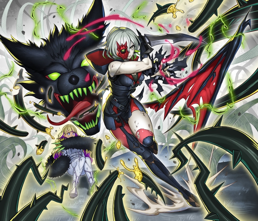 1girl, 2girls, blonde_hair, breasts, cleavage, detached_sleeves, diabellstar_the_black_witch, diabellze_the_original_sinkeeper