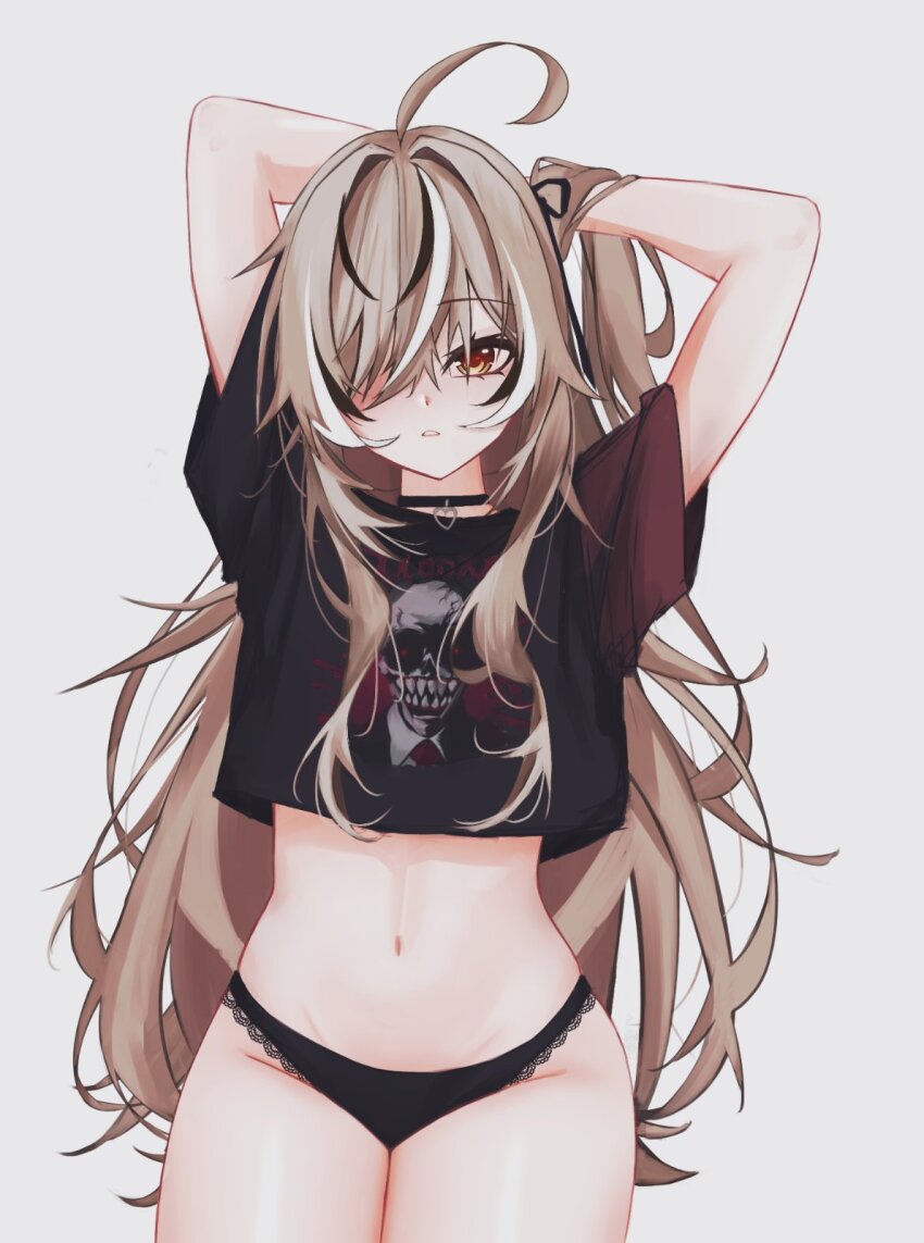 1girl, ahoge, arm_behind_head, black_choker, black_hair, black_panties, black_shirt, brown_eyes