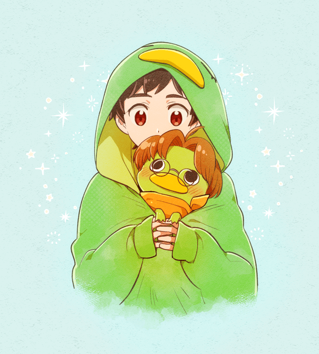 1boy, bandana, blue_background, blush, brown_eyes, brown_hair, cropped_torso, holding