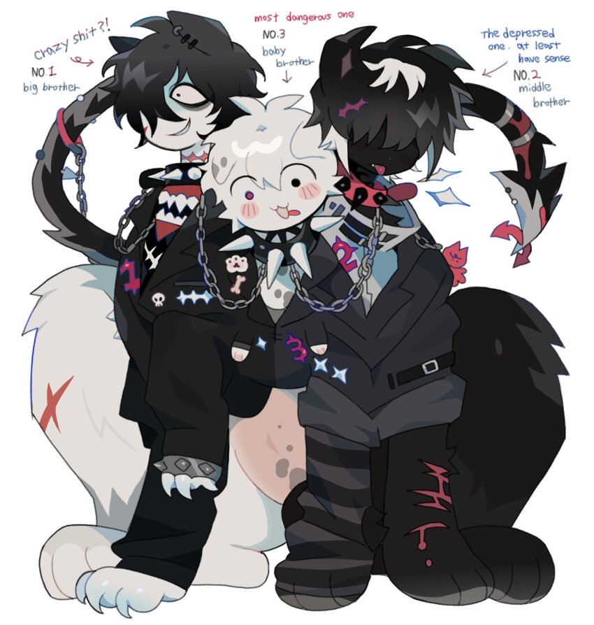 3boys, animal_ears, bags_under_eyes, black_eyes, black_fur, black_hair, black_jacket, bleeding