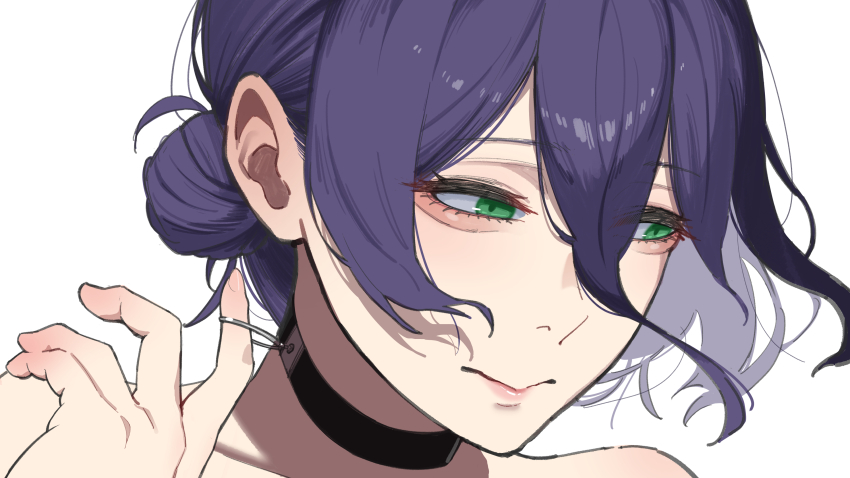 1girl, absurdres, black_choker, chainsaw_man, choker, close-up, closed_mouth, commentary_request, green_eyes, grenade_pin, hair_between_eyes, hair_bun, highres, nikki_diaryy, purple_hair, reze_(chainsaw_man), simple_background, solo, white_background