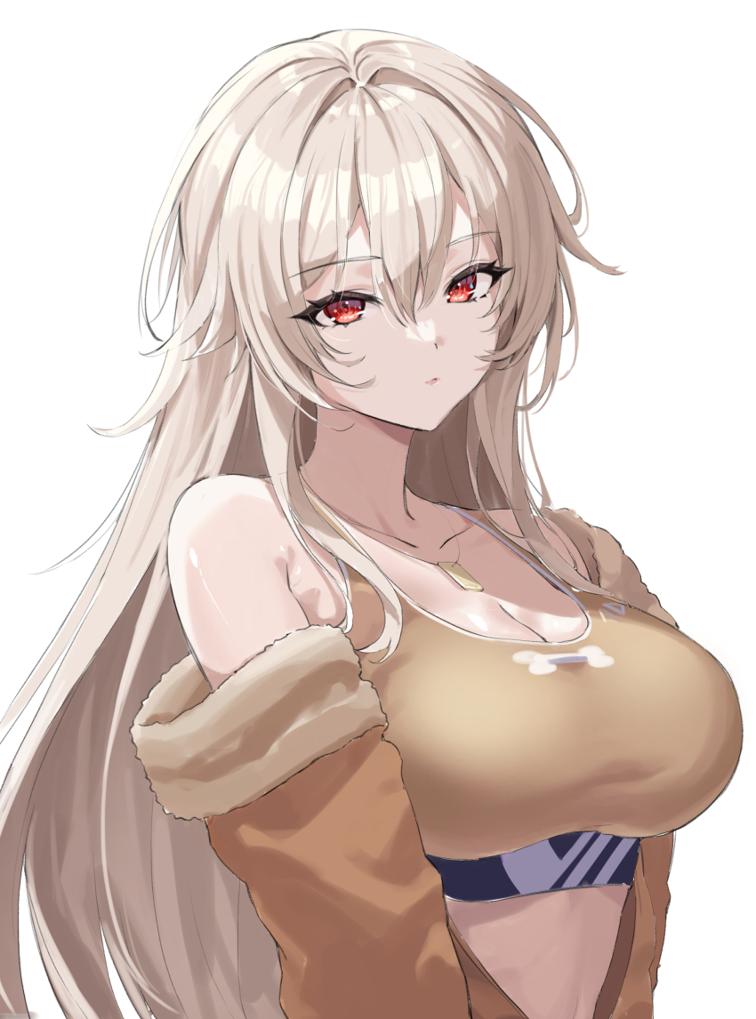 1girl, abe-chan, absurdres, breasts, brown_hair, brown_sports_bra, cleavage, collarbone, dog_tags, furen_e_lustario, furen_e_lustario_(5th_costume), highres, jacket, large_breasts, long_hair, looking_at_viewer, nijisanji, off_shoulder, open_clothes, open_jacket, red_eyes, simple_background, solo, sports_bra, virtual_youtuber, white_background
