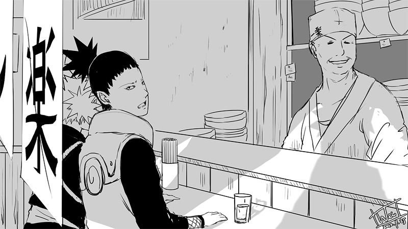 1girl, 2boys, monochrome, multiple_boys, nara_shikamaru, naruto_(classic), naruto_(series), sitting