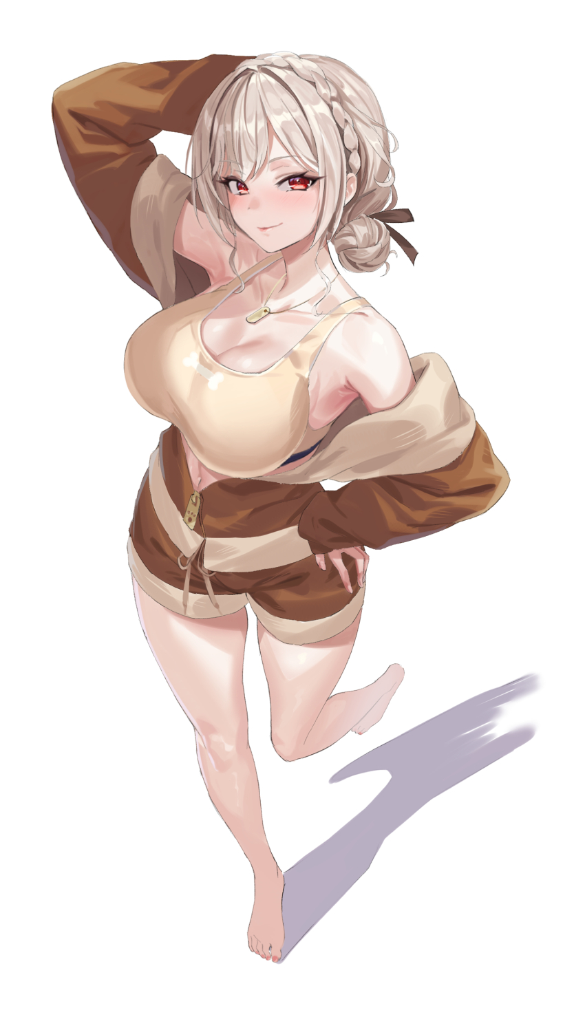 1girl, abe-chan, absurdres, arm_behind_head, bare_shoulders, barefoot, braid, breasts