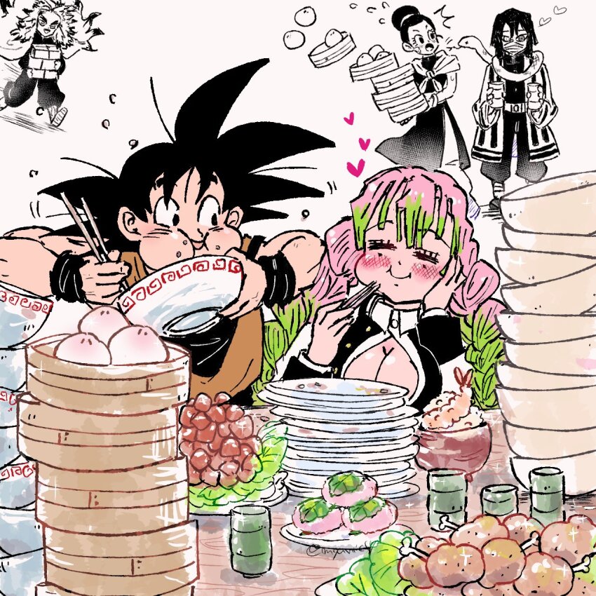 2girls, 3boys, ^^^, black_hair, blush, bowl, bowl_stack, breasts, chi-chi_(dragon_ball), chopsticks, cleavage, closed_eyes, closed_mouth, commentary, crossover, demon_slayer_uniform, dougi, dragon_ball, eating, empty_bowl, flying_sweatdrops, food, food_on_face, food_request, gradient_hair, green_hair, hand_on_own_cheek, hand_on_own_face, happy, heart, highres, holding, holding_bowl, holding_chopsticks, iguro_obanai, ireba_sui, japanese_clothes, kaburamaru, kanroji_mitsuri, kimetsu_no_yaiba, kimono, large_breasts, long_hair, looking_at_another, multicolored_hair, multiple_boys, multiple_girls, pink_hair, plate, plate_stack, rengoku_kyoujurou, smile, snake, son_goku, spiked_hair, untranslatable_commentary, table, tri_braids, wristband