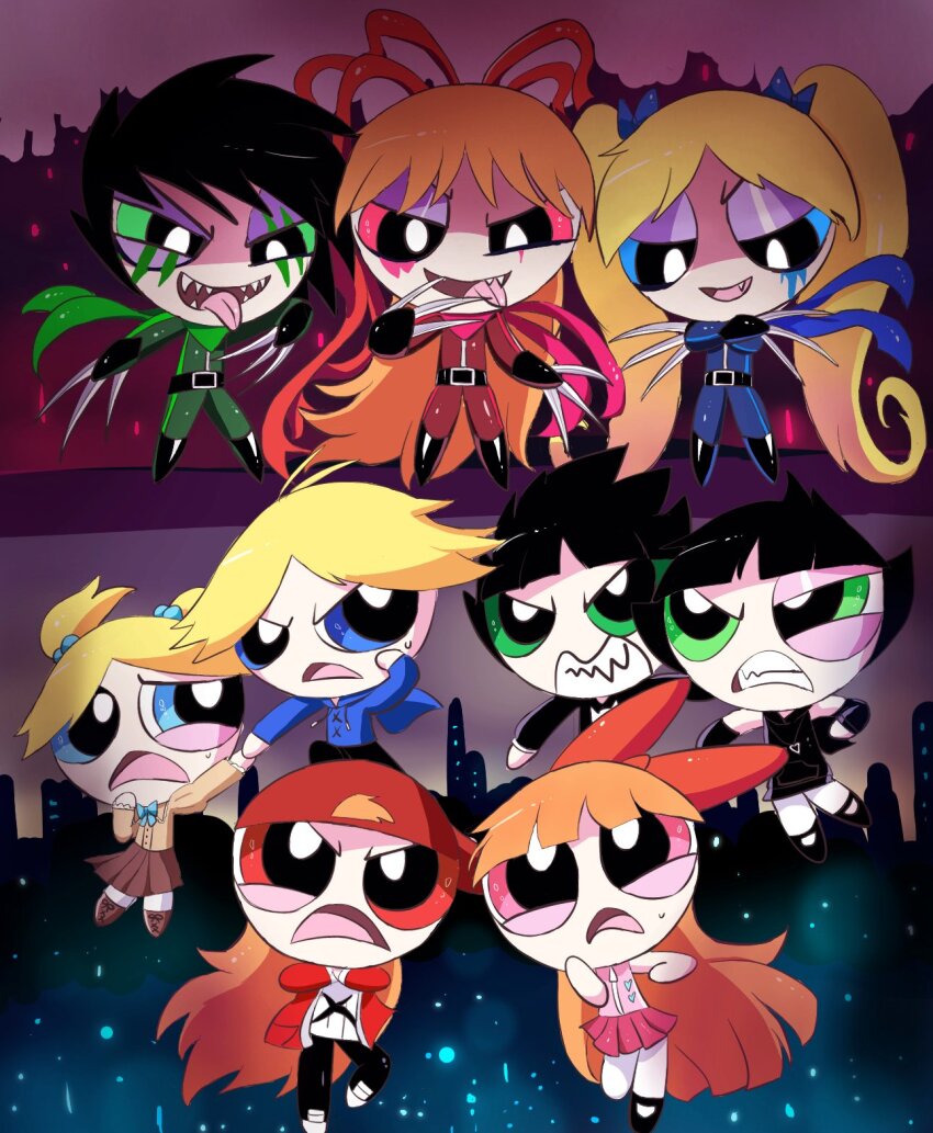 3boys, 6+girls, alternate_costume, berserk_(ppg), black_hair, black_jacket, blonde_hair, blossom_(ppg), blue_bow, blue_bowtie, blue_eyes, blue_sweater, boomer_(ppg), bow, bowtie, brat_(ppg), brick_(ppg), brute_(ppg), bubbles_(ppg), butch_(ppg), buttercup_(ppg), cityscape, cowlick, fangs, green_eyes, hat, highres, jacket, kamonoh71376877, long_hair, matching_outfits, multiple_boys, multiple_girls, pink_eyes, powerpuff_girls, red_bow, red_eyes, red_hair, red_hat, red_sweater, scar, short_hair, short_twintails, sweat, sweater, tongue, tongue_out, twintails