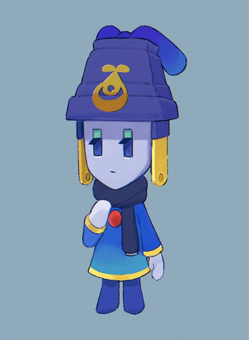 1girl, blue_background, blue_scarf, blue_skin, colored_skin, cozette_(mario), eyeshadow, full_body