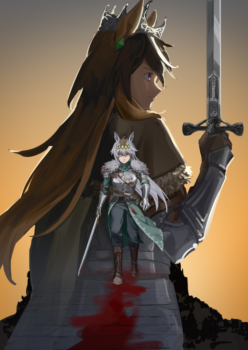 2girls, absurdres, animal_ears, armor, bearer_of_the_curse, bearer_of_the_curse_(cosplay), black_pants, blood