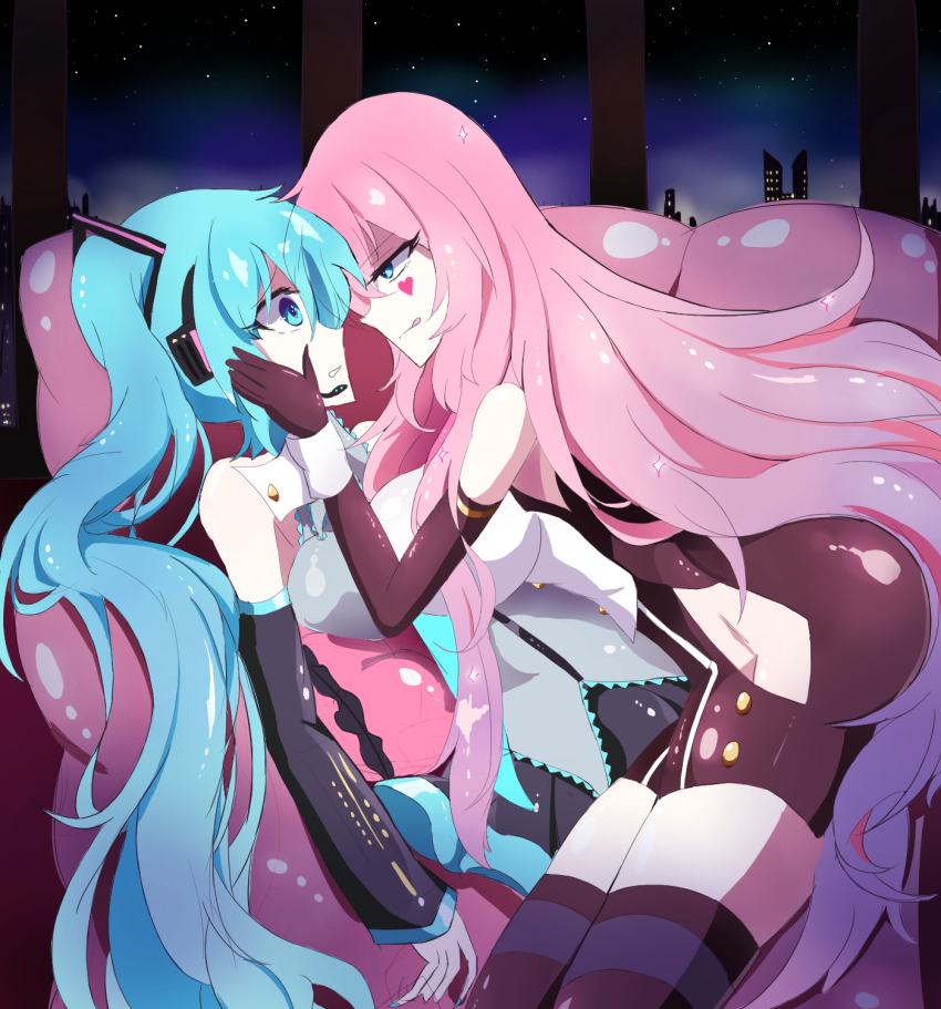 2girls, aqua_eyes, aqua_hair, aqua_nails, aqua_necktie, black_sleeves, blue_eyes, blue_hair, city_lights, detached_sleeves, girl_on_top, hands_on_another's_cheeks, hands_on_another's_face, hatsune_miku, headphones, headset, heart, heart_tattoo, highres, kamonoh71376877, long_hair, megurine_luka, multiple_girls, necktie, pink_hair, shirt, skyline, sleeveless, sleeveless_shirt, tattoo, tongue, tongue_out, twintails, very_long_hair, vocaloid, yuri
