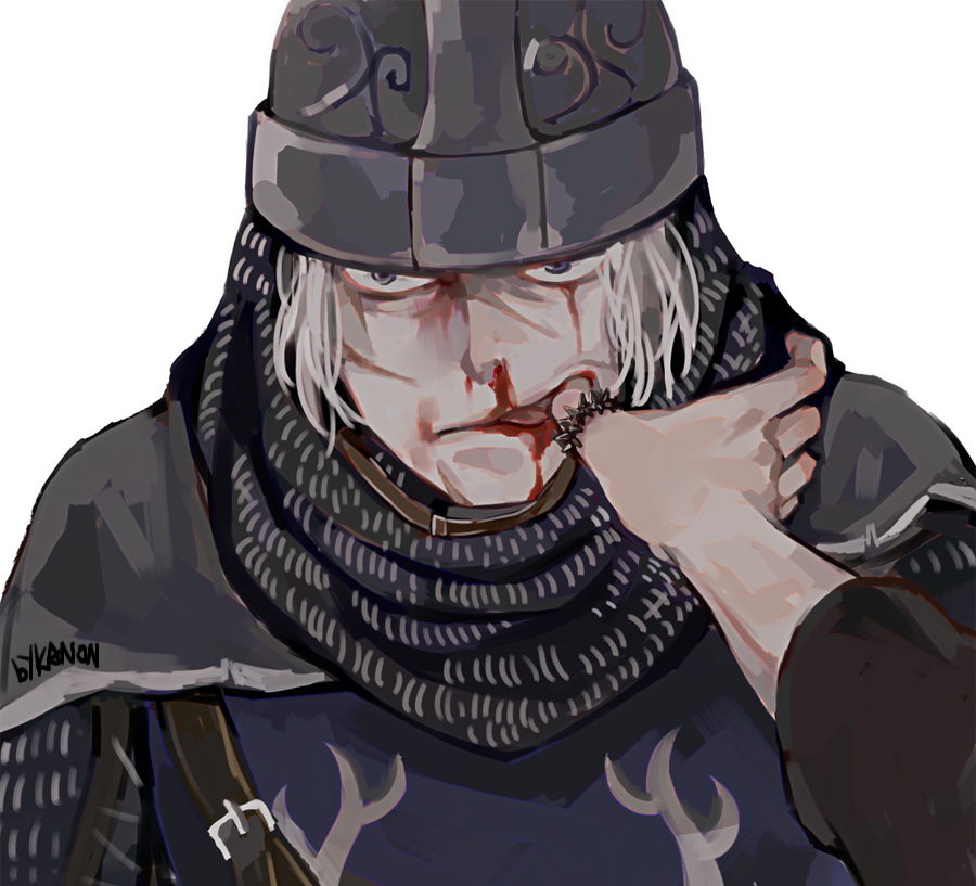 2boys, armor, blood, blood_on_face, blue_tunic, chainmail, commentary, creighton_of_mirrah, dark_souls_(series), dark_souls_ii, grey_hair, helmet, jewelry, kanon_(rsl), looking_at_viewer, male_focus, mild_mannered_pate, multiple_boys, no_mask, nosebleed, pov, pov_hands, purple_eyes, ring, simple_background, solo_focus, tunic, upper_body, white_background