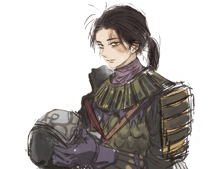 1boy, armor, black_hair, breastplate, brown_eyes, closed_mouth, commentary, dark_souls_(series), dark_souls_ii, english_commentary, expressionless, gloves, grey_gloves, helm, helmet, holding, holding_unworn_helmet, japanese_armor, kote, looking_at_viewer, low_ponytail, male_focus, pauldrons, ponytail, rat_(ddi1883981), short_hair, shoulder_armor, simple_background, sir_alonne, solo, unworn_headwear, unworn_helmet, upper_body, white_background