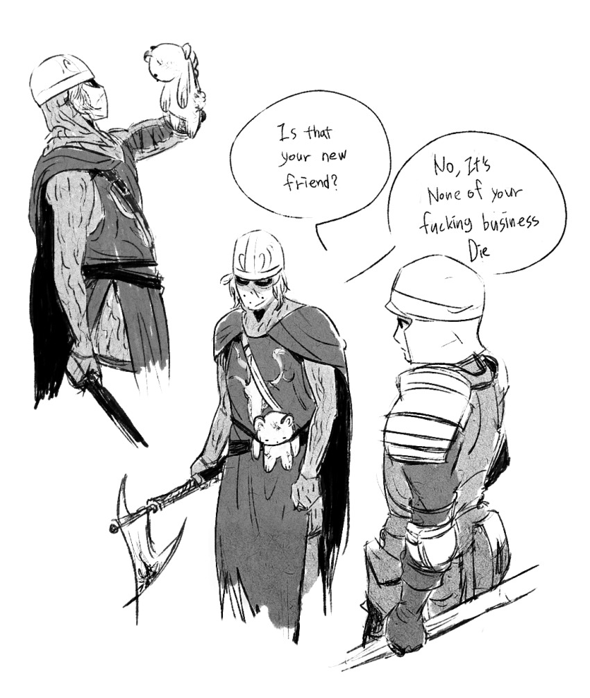 2boys, armor, axe, chainmail, commentary, cowboy_shot, creighton_of_mirrah, dark_souls_(series)