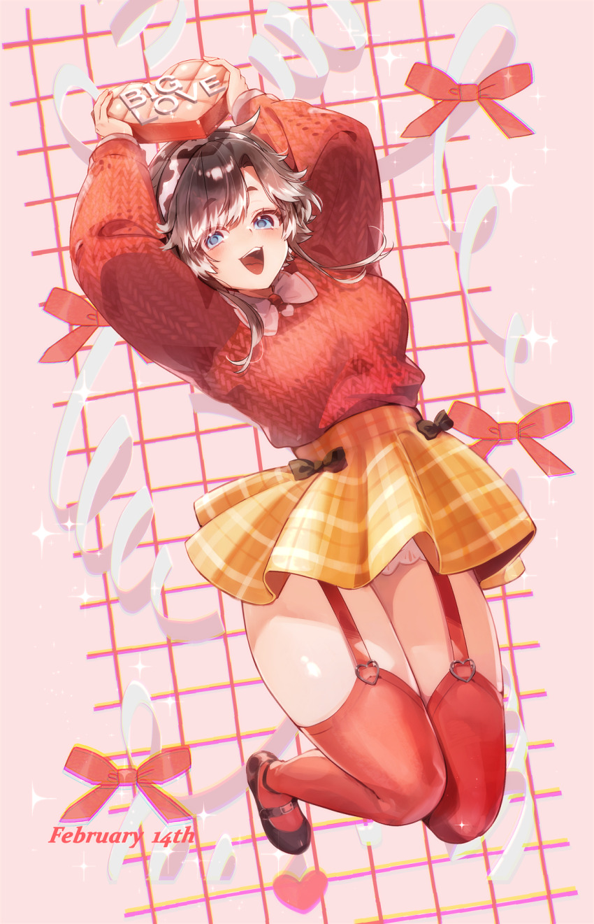 1girl, black_bow, black_shoes, bow, bowtie, box, brown_hair, colored_tips