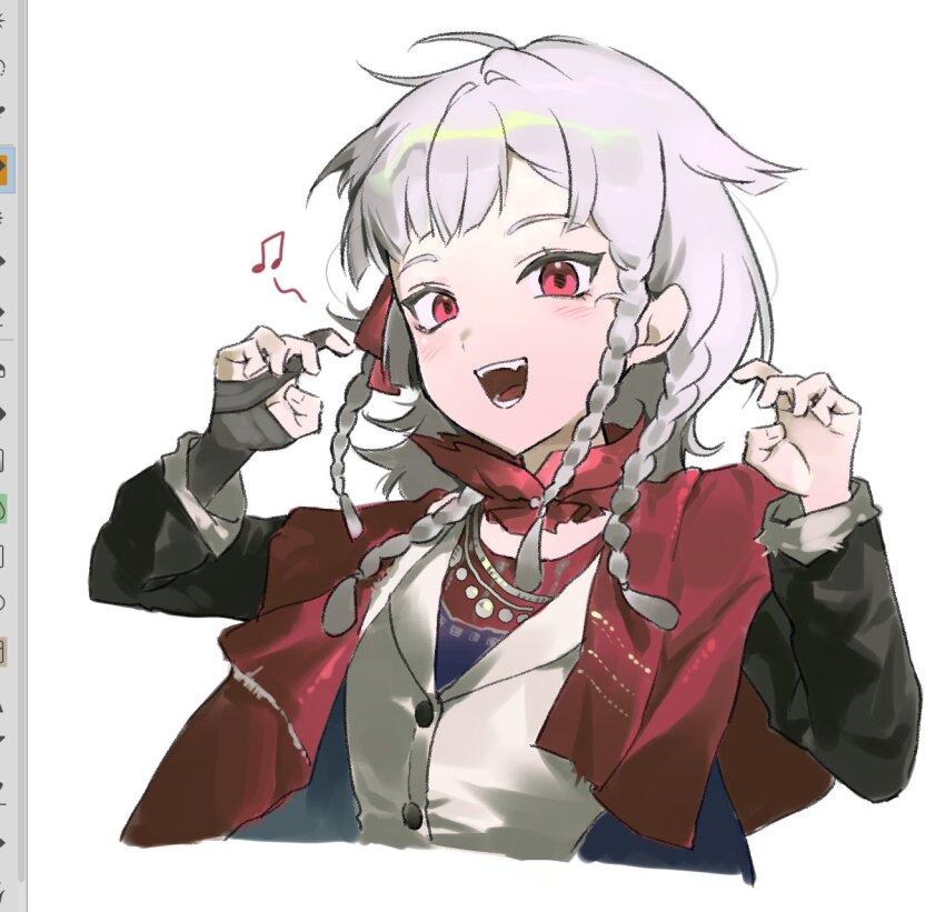 1girl, :d, art_program_in_frame, beamed_eighth_notes, black_coat, black_gloves, claw_pose, cloak