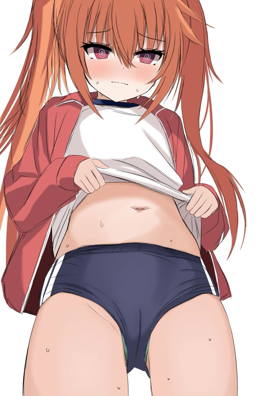 1girl, @_@, alternate_costume, black_buruma, blush, buruma, cameltoe, chinoha_usagi, closed_mouth, clothes_lift, commentary, cowboy_shot, embarrassed, eyelashes, eyes_visible_through_hair, from_below, furrowed_brow, green_panties, gym_shirt, gym_uniform, hair_between_eyes, highres, inaba_meguru, jacket, lifting_own_clothes, long_hair, looking_at_viewer, open_clothes, open_jacket, orange_hair, panties, panty_peek, presenting_stomach, red_eyes, red_jacket, sanoba_witch, shirt, shirt_lift, sidelocks, simple_background, sleeves_past_wrists, solo, sweat, track_jacket, tsurime, twintails, underwear, wavy_mouth, white_background, white_shirt