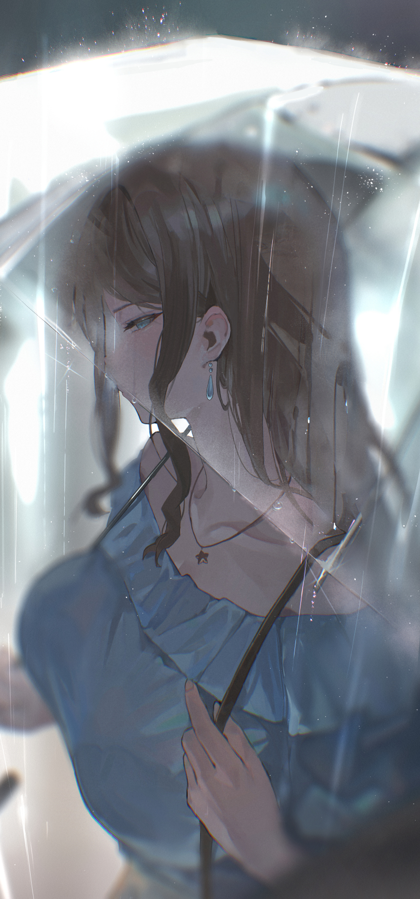 1girl, absurdres, bang_dream!, bang_dream!_it's_mygo!!!!!, berserker_r, bloom, blue_eyes, blue_shirt, blurry, bra_visible_through_clothes, breasts, brown_hair, chinese_commentary, chromatic_aberration, closed_mouth, collarbone, commentary_request, condensation, curly_sidelocks, earrings, frilled_shirt, frills, from_above, from_side, highres, holding_strap, huashijie_(medium), jewelry, large_breasts, light_particles, long_hair, looking_at_viewer, looking_to_the_side, nagasaki_soyo, necklace, off-shoulder_shirt, off_shoulder, profile, rain, shirt, sidelocks, sideways_glance, solo, star_(symbol), star_necklace, transparent, transparent_umbrella, umbrella, upper_body