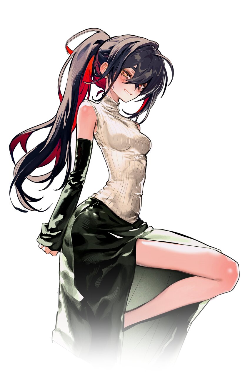 1girl, 5oh5s2, absurdres, alternate_costume, black_hair, black_skirt, black_sleeves, blush