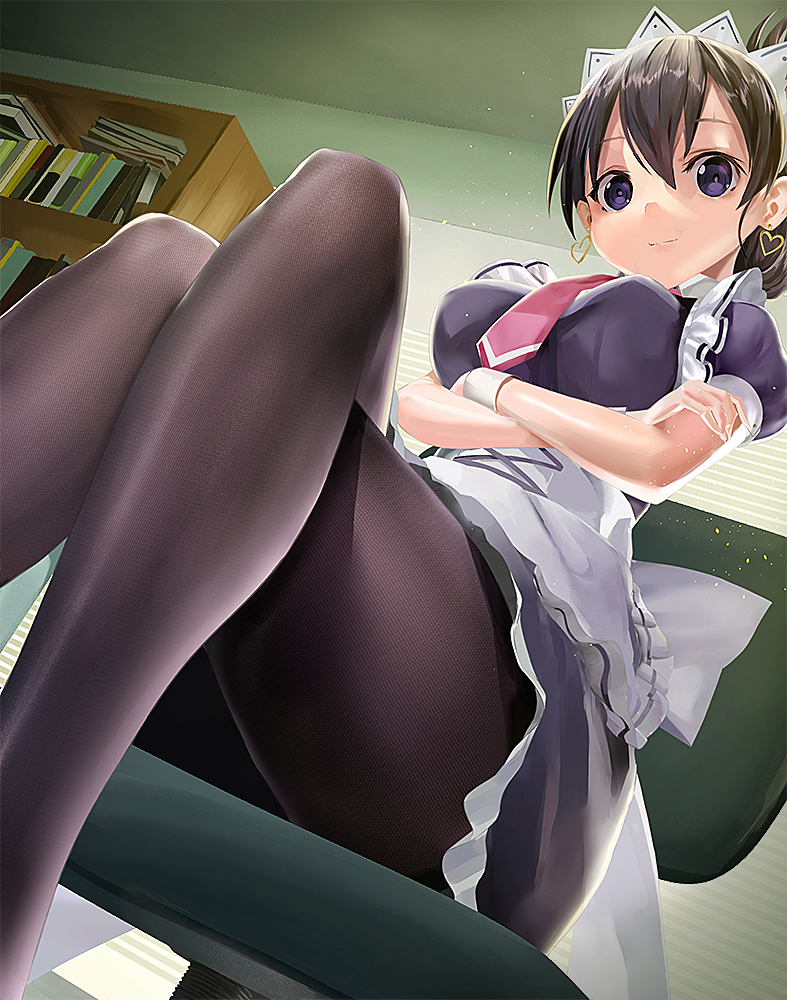 1girl, alternate_costume, apron, arato_nagi, back_bow, black_dress, black_hair, black_pantyhose