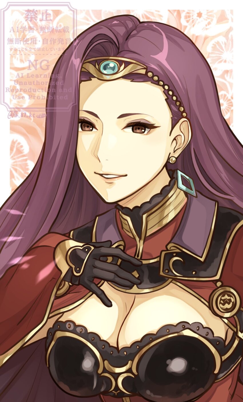 1girl, ak_87_kt, black_gloves, breasts, cape, circlet, cleavage, cleavage_cutout