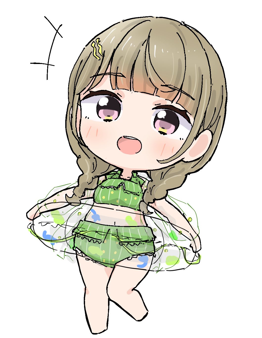 +_+, 1girl, barefoot, bikini, blunt_bangs, braid, brown_hair, chibi, chibi_only, commentary, frilled_innertube, frills, green_bikini, hair_ornament, hairclip, highres, innertube, kachimachi_kosuzu, kachimachi_kosuzu_(c106_swimsuit), leg_up, link!_like!_love_live!, long_hair, love_live!, low_twin_braids, official_alternate_costume, open_mouth, parallel_hairclips, pink_eyes, pinstripe_bikini, simple_background, solo, swim_ring, swimsuit, untranslatable_commentary, tazaki_masanobu, transparent_innertube, twin_braids, virtual_youtuber, white_background