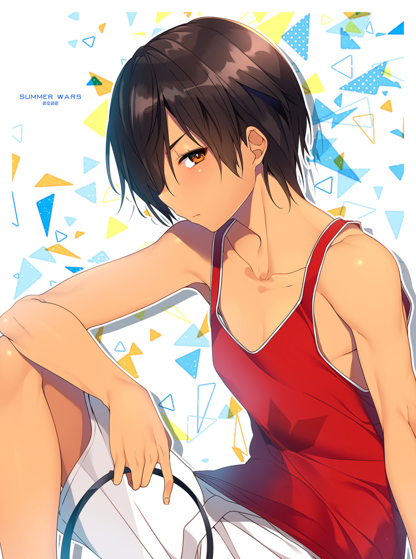 1boy, 2022, abstract_background, arm_on_knee, brown_eyes, brown_hair, closed_mouth, collarbone, commentary_request, copyright_name, dark-skinned_male, dark_skin, from_side, hair_over_one_eye, highres, holding, ikezawa_kazuma, kagetsu_kei, knee_up, looking_at_viewer, male_focus, one_eye_covered, outline, red_tank_top, short_hair, shorts, sitting, solo, summer_wars, tank_top, white_outline, white_shorts