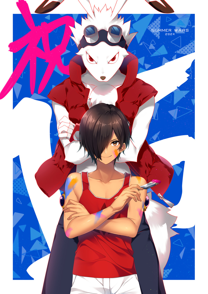 2024, 2boys, abstract_background, animal_ears, black_pants, brown_eyes, brown_hair, collarbone