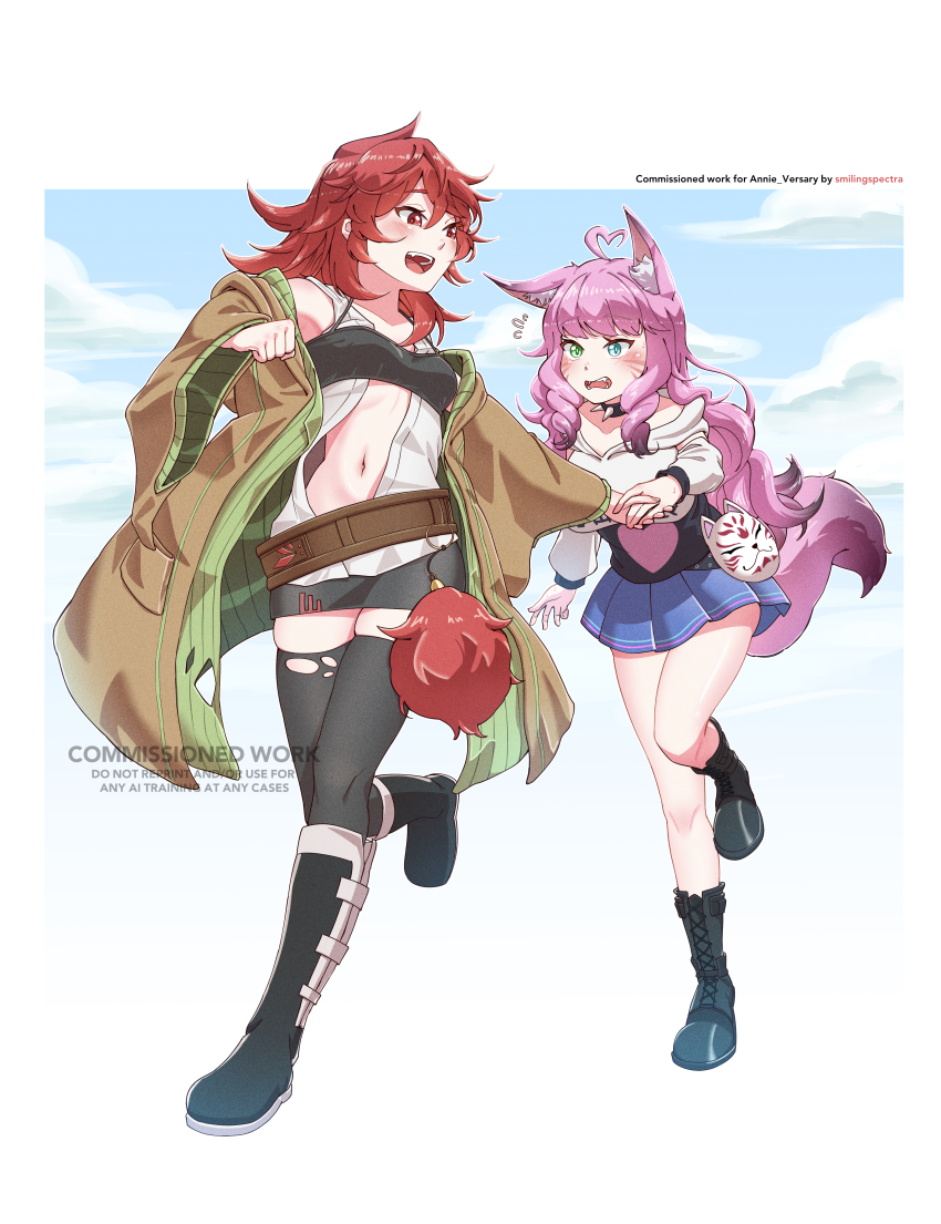 2girls, :d, absurdres, ahoge, animal_ear_fluff, animal_ears, artist_name, bandeau