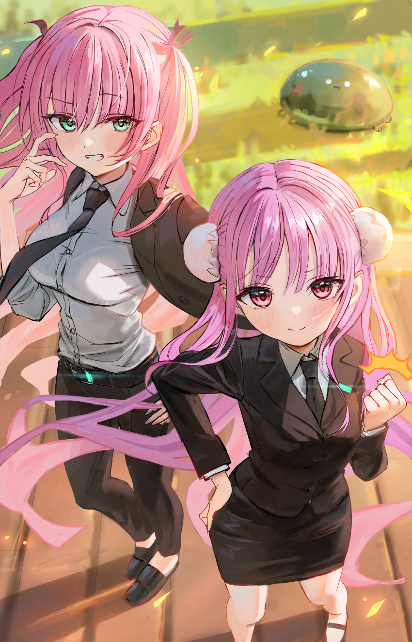 2girls, absurdres, aikawa_megumi, aikawa_megumi_(twilight_maturation), belt, black_belt, black_jacket, black_necktie, black_pants, black_skirt, black_suit, blush, breasts, bun_cover, clenched_hand, closed_mouth, collared_shirt, day, double_bun, dress_shirt, floating_hair, formal_clothes, from_above, grass, green_eyes, grin, hair_between_eyes, hair_bun, hand_on_own_hip, hand_up, heaven_burns_red, highres, jacket, kunimi_tama, kunimi_tama_(twilight_memories), large_breasts, long_hair, long_sleeves, looking_at_viewer, medium_breasts, miniskirt, multiple_girls, narby_(heaven_burns_red), necktie, office_lady, open_clothes, open_jacket, outdoors, pant_suit, pants, pencil_skirt, pink_eyes, pink_hair, red_eyes, shirt, shoes, skirt, skirt_suit, smile, sonchi, standing, suit, two_side_up, v-shaped_eyebrows, very_long_hair, white_shirt