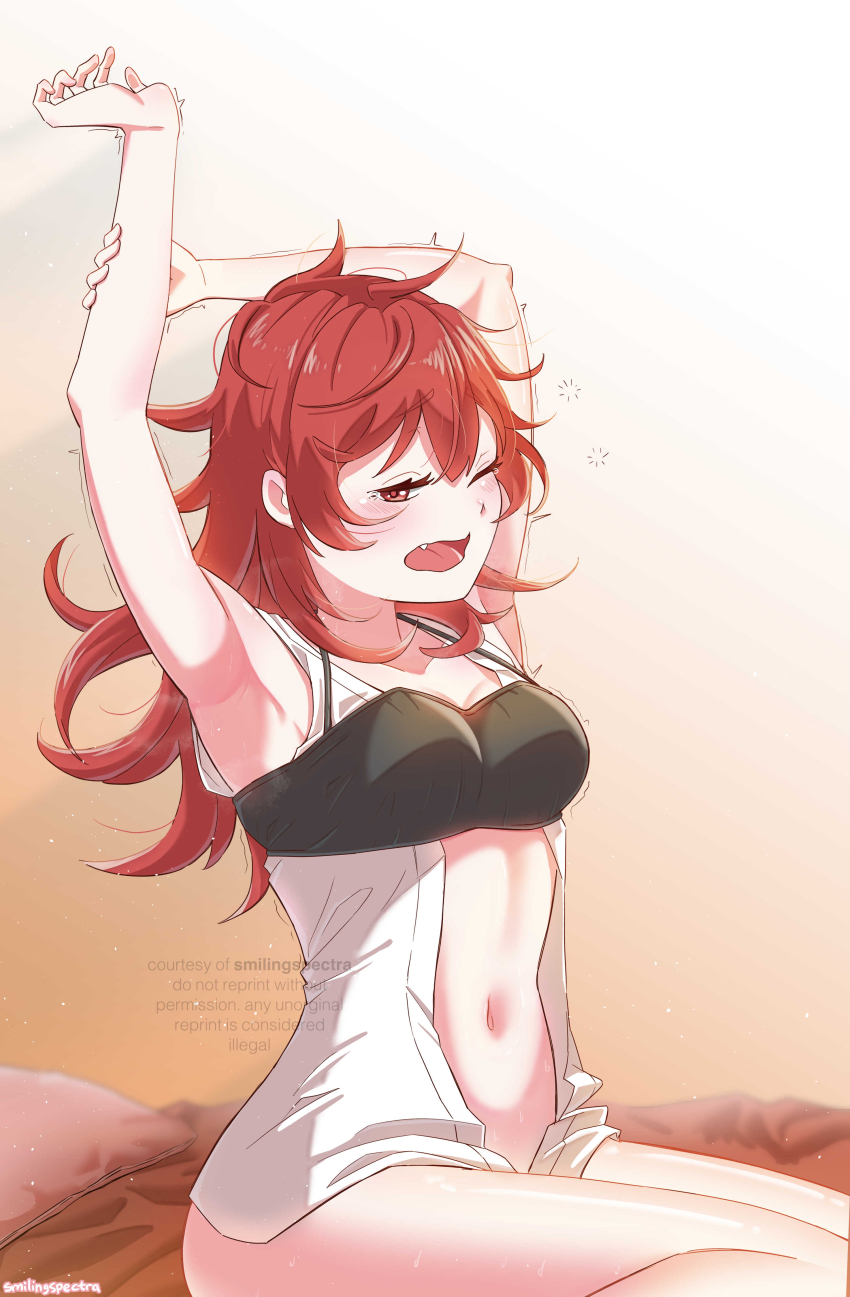 1girl, absurdres, armpits, arms_up, artist_name, bandeau, bare_shoulders, black_bandeau