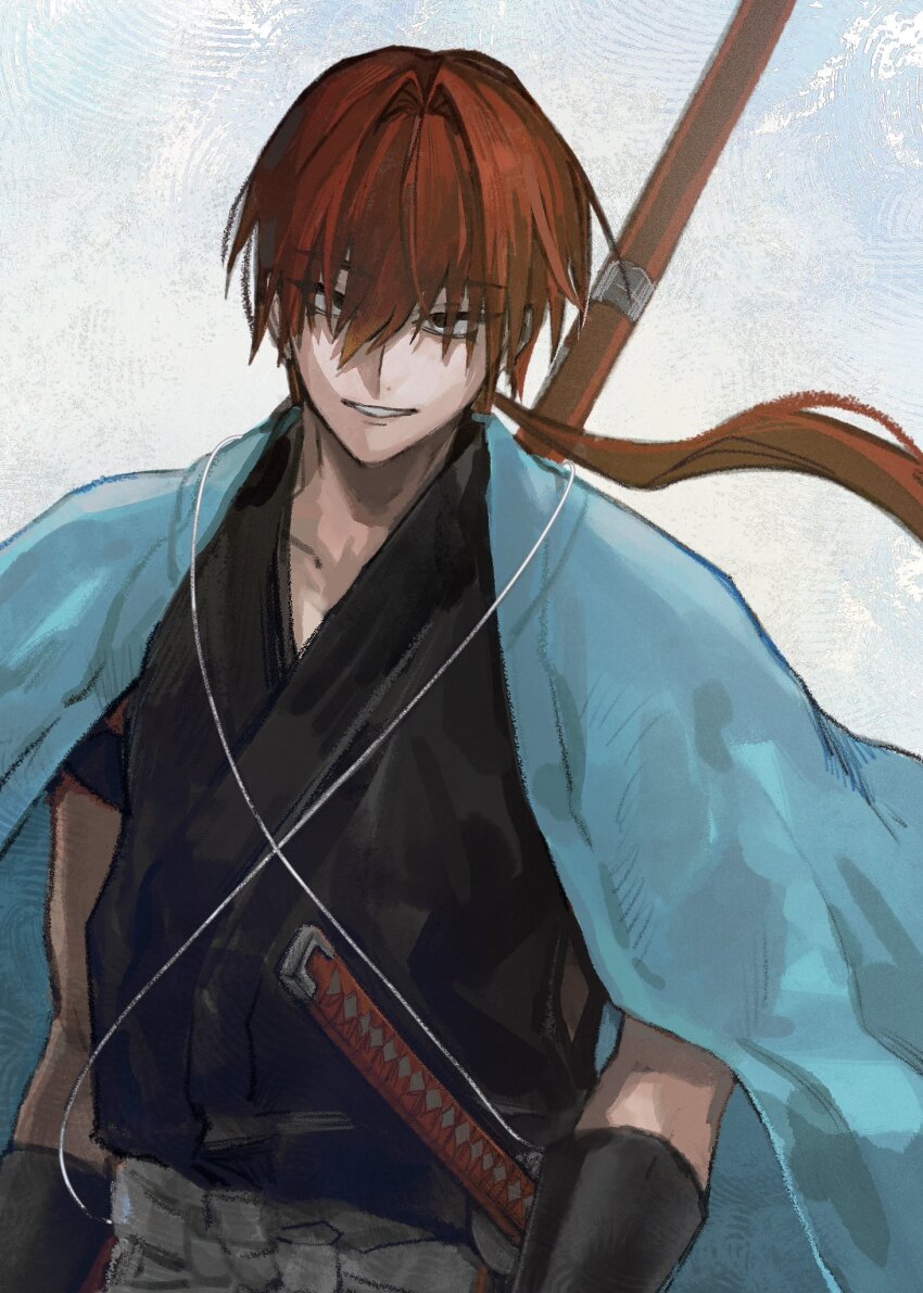 1boy, blue_haori, clothes_around_waist, fate/grand_order, fate_(series), haori, haori_on_shoulders, harada_sanosuke_(fate)