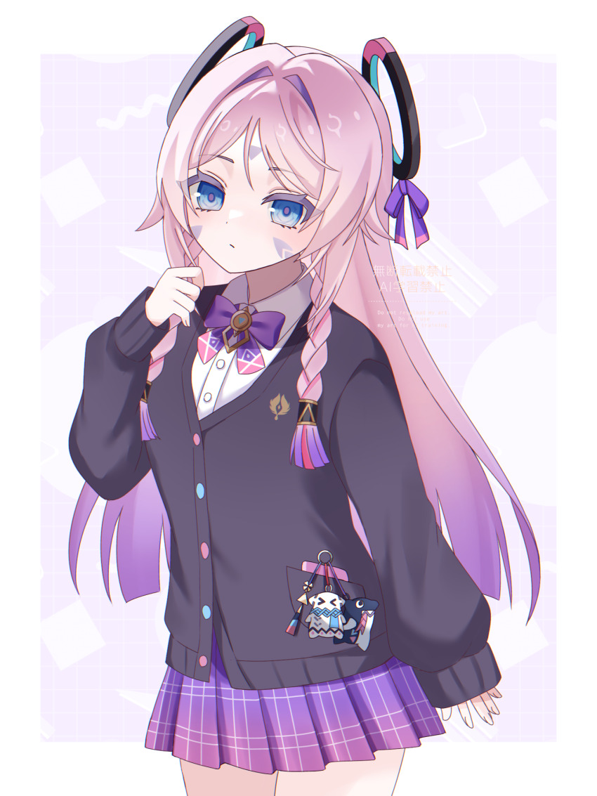 1girl, alternate_costume, black_cardigan, blue_eyes, border, bow, bowtie, braid