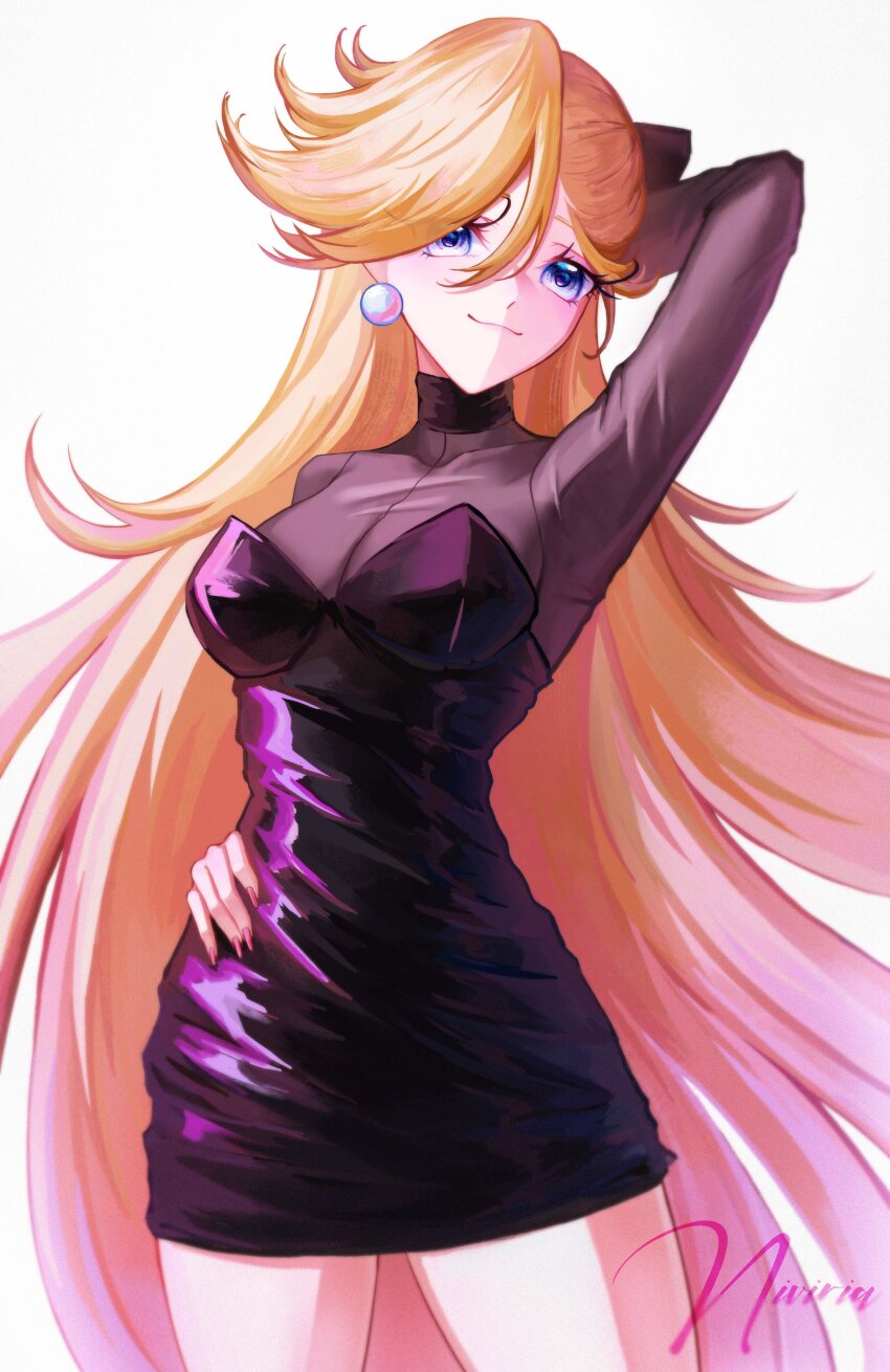 1girl, absurdres, black_dress, black_ribbon, blue_eyes, colored_eyelashes, dress, earrings, hand_on_own_hip, highres, jewelry, long_hair, looking_at_viewer, niviria_artist, panty_&amp;_stocking_with_garterbelt, panty_(psg), pearl_earrings, red_hair, ribbon, single_earring, solo