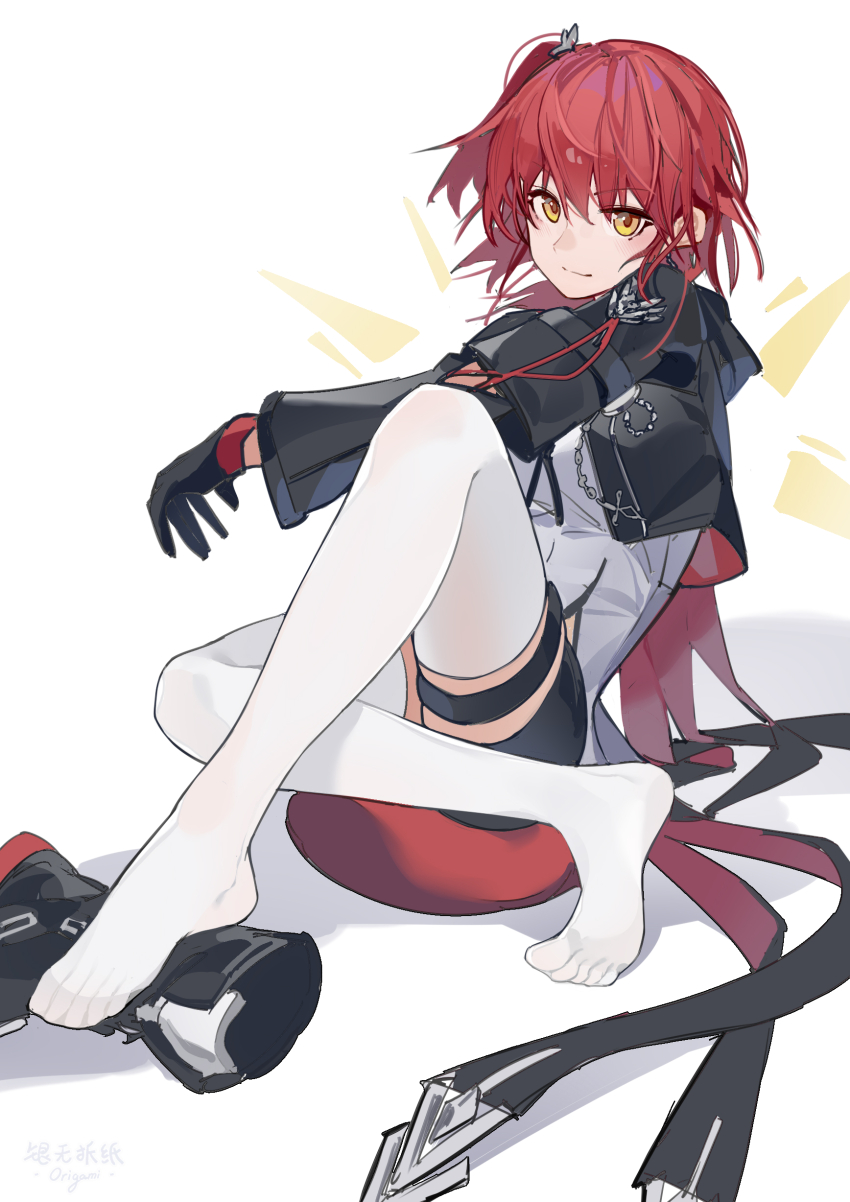 1girl, absurdres, arknights, black_gloves, black_jacket, black_shorts, boots, chinese_commentary