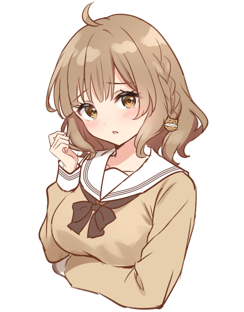 1girl, ahoge, arm_under_breasts, blush, bow, bowtie, braid, breasts