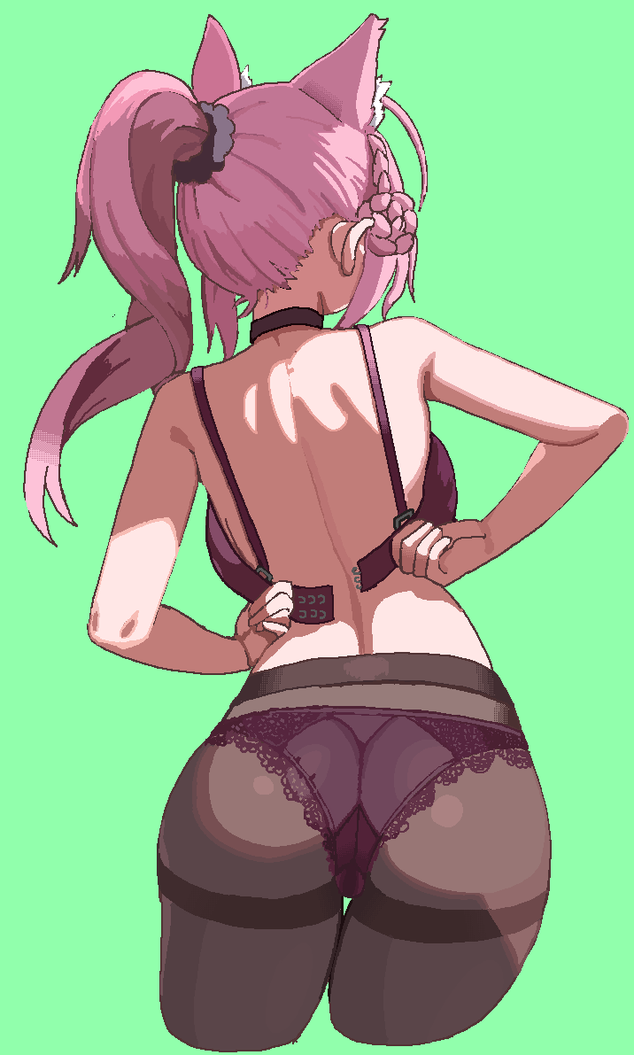 1girl, animal_ears, back, black_choker, black_scrunchie, bra, braid, braided_bun