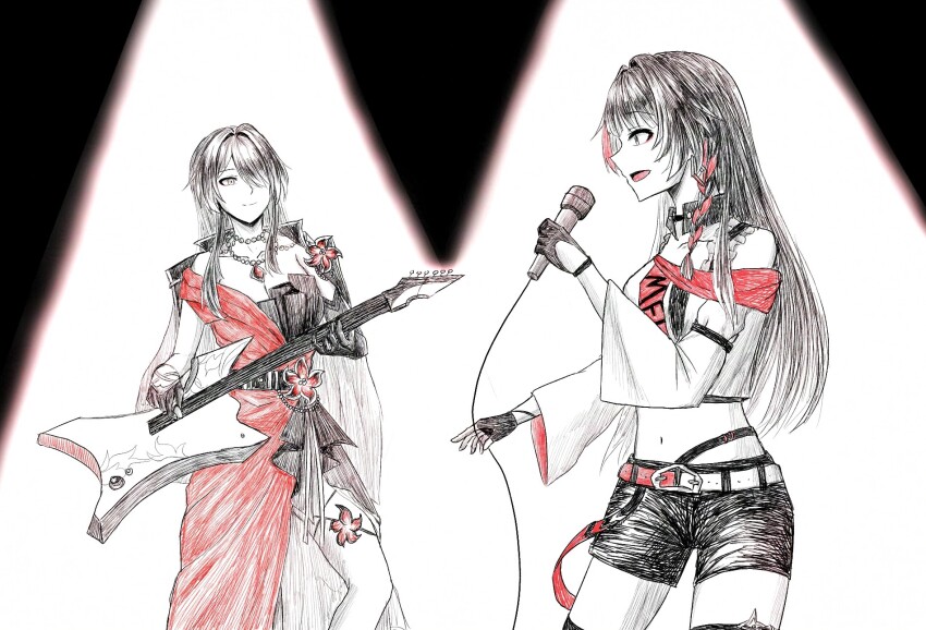 2girls, acheron_(honkai:_star_rail), acheron_(star_rail_live_2025)_(honkai:_star_rail), braid, buckle, dress, electric_guitar, flower, gloves, guitar, highres, holding, holding_microphone, honkai:_star_rail, honkai_(series), honkai_impact_3rd, instrument, jewelry, long_hair, microphone, midriff, multicolored_hair, multiple_girls, necklace, off_shoulder, raiden_mei, raiden_mei_(shadow_dash), raiden_mei_(soul_symphony), red_dress, red_flower, sawashiro_miyuki, shorts, side_braid, streaked_hair, thigh_strap, very_long_hair, wasdmyway