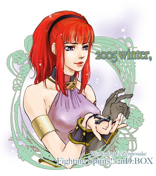 1girl, armband, breasts, brown_eyes, choker, cross, female_focus, g-zennosuke, hairband, jewelry, karin_koenig, long_hair, necklace, red_hair, shadow_hearts, shadow_hearts_ii, solo, white_background