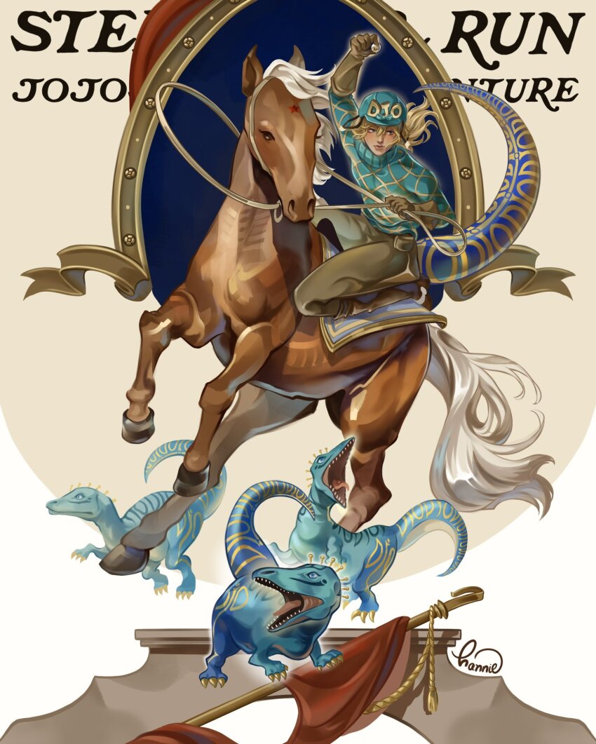 argyle_clothes, argyle_sweater, blonde_hair, blue_helmet, blue_sweater, blue_tail, brown_gloves, brown_pants