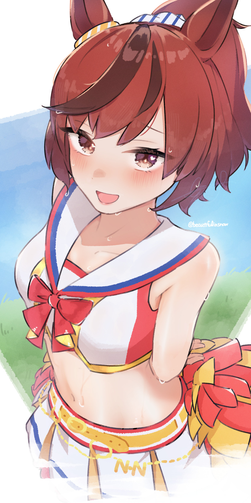 1girl, absurdres, animal_ears, arms_behind_back, beautifulinsnow, belt, blue_sky, blush