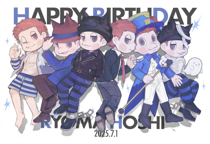 15dian_(sprl_15), 6+boys, :3, ;3, abs, alternate_costume, bandage_on_hat, bandaged_chest