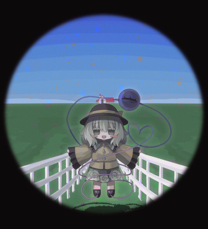 1girl, black_hat, blouse, blush, bow, buttons, chibi, diamond_button