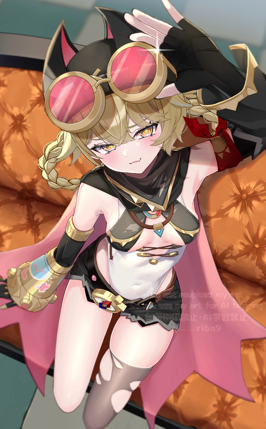 1girl, absurdres, animal_ear_headwear, arm_up, bandana_around_arm, black_gloves, black_shorts, black_thighhighs