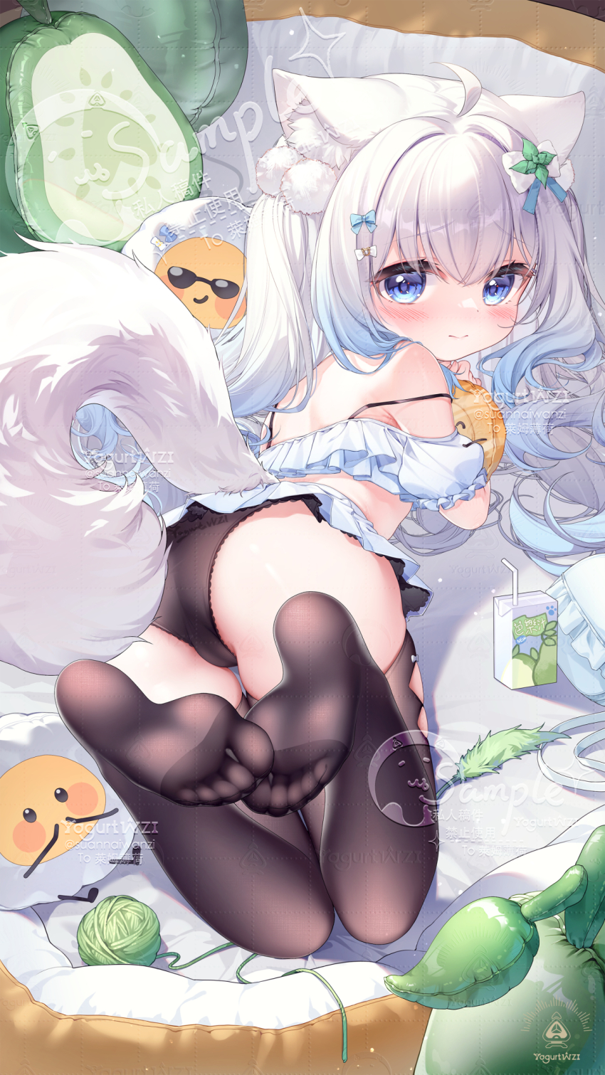 1girl, ahoge, animal_ears, ass, bare_shoulders, black_panties, black_pantyhose, black_thighhighs, blue_eyes, blue_hair, blush, fox_ears, fox_girl, fox_tail, gradient_hair, hair_ornament, hairclip, highres, indie_virtual_youtuber, long_hair, looking_at_viewer, multicolored_hair, panties, pantyhose, raimu_minto, sample_watermark, shirt, smile, solo, suaynnai_wanzi, tail, tank_top, thighhighs, underwear, virtual_youtuber, watermark, white_hair, white_shirt