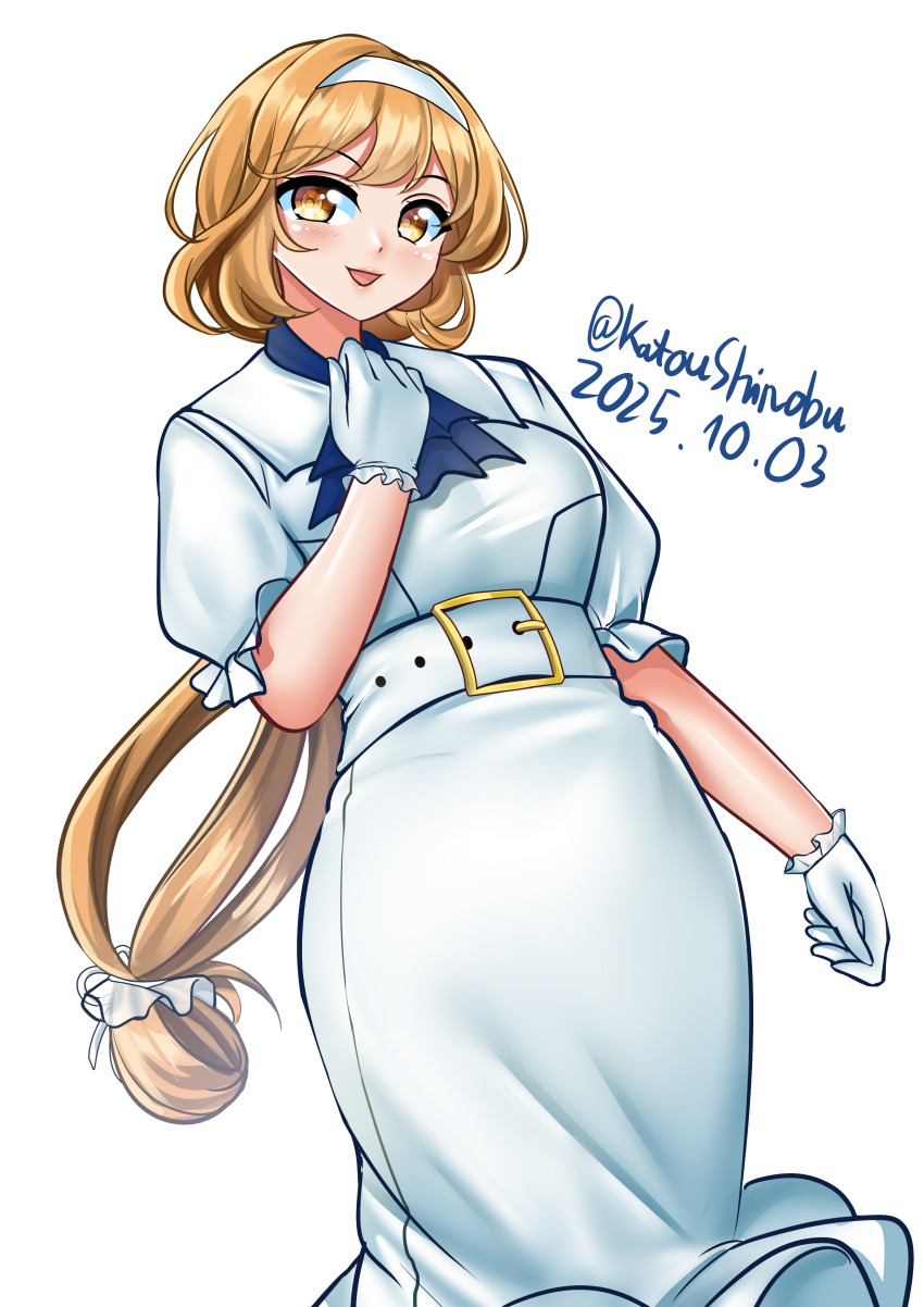 1girl, absurdres, alternate_costume, blonde_hair, blush, breasts, commentary_request, dated