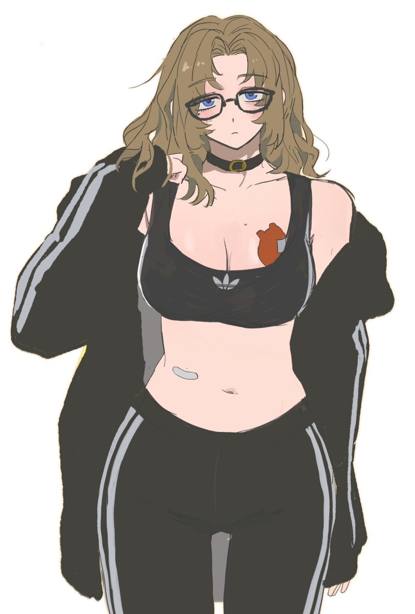 1girl, adidas, bandaid, blue_eyes, blush, breasts, brown_hair, choker, cleavage, crop_top, glasses, highres, jacket, large_breasts, limbus_company, long_hair, looking_at_viewer, messy_hair, mole, mole_under_eye, navel, ntcke, off_shoulder, pants, project_moon, rodion_(project_moon), solo, tattoo