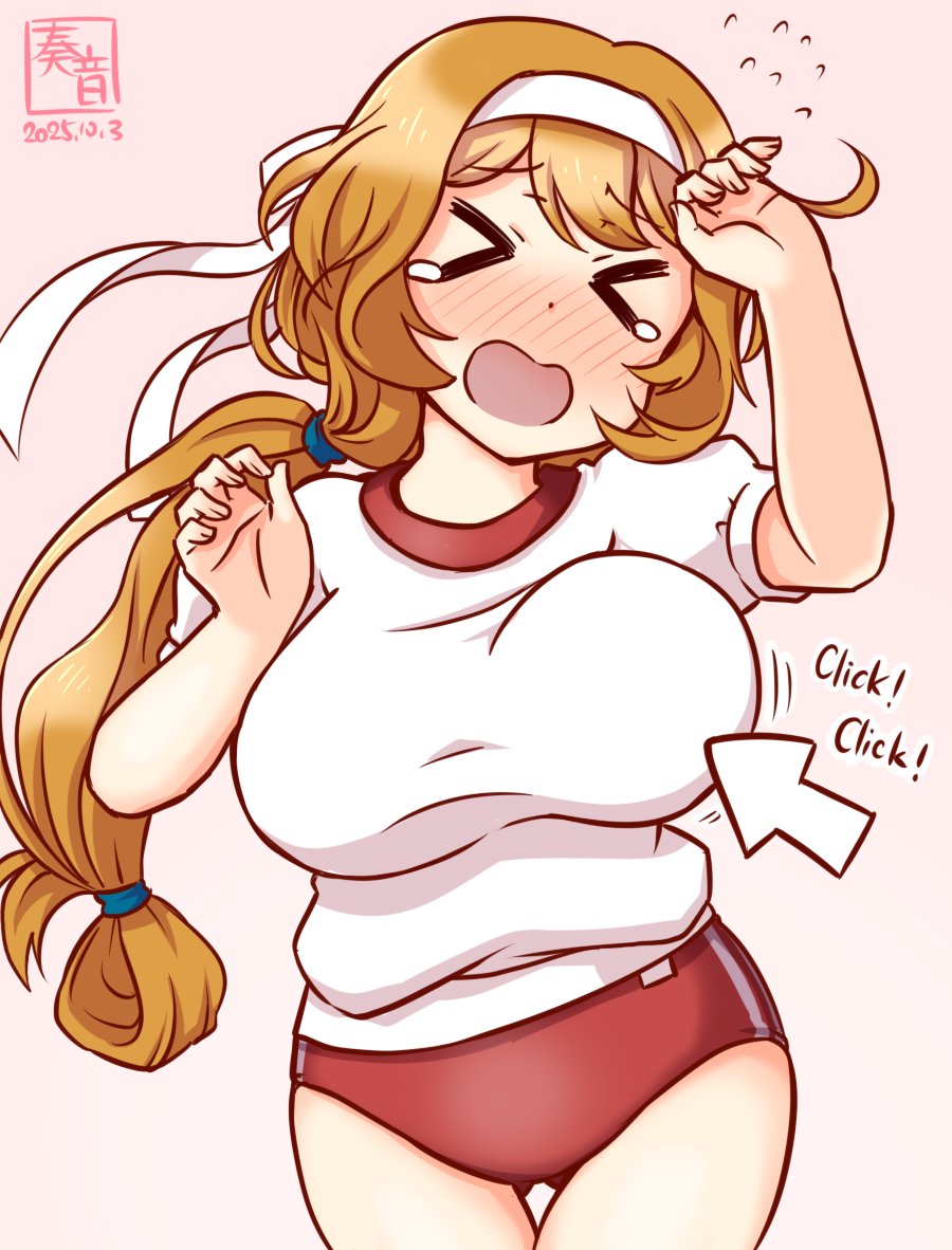 >_<, 1girl, arrow_(symbol), artist_logo, breasts, brown_hair, buruma, cursor