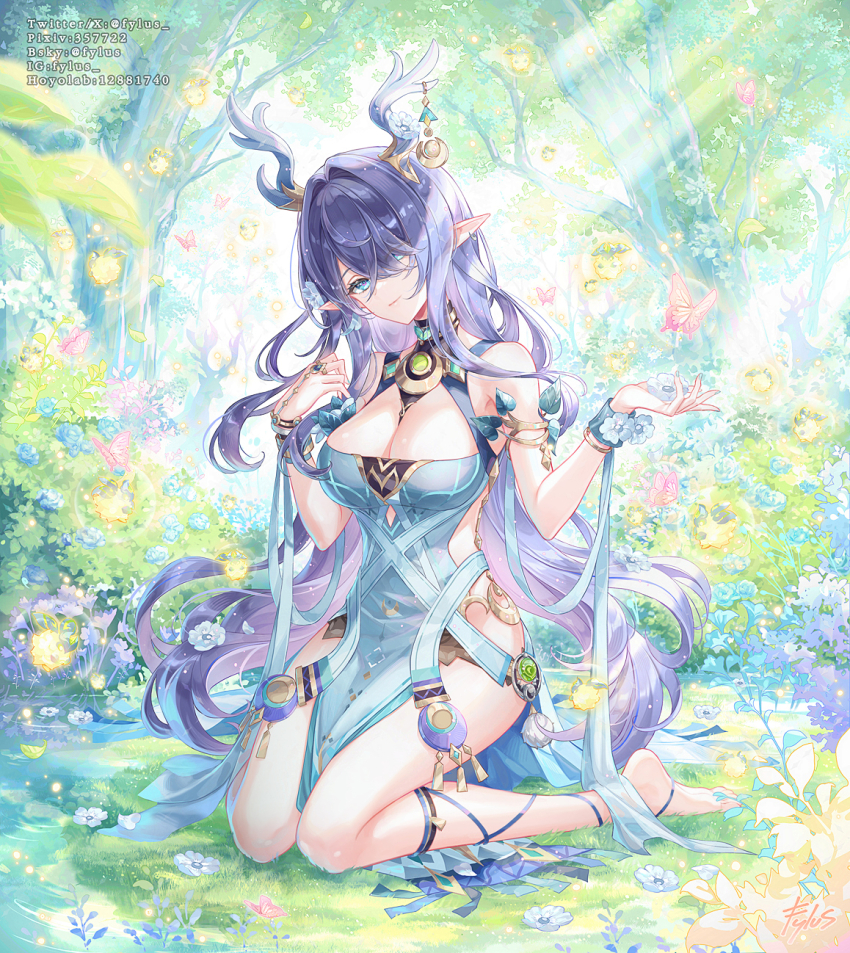 1girl, antler_ornament, antlers, bare_shoulders, barefoot, blue_dress, blue_eyes, blue_hair