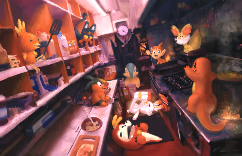 absurdres, bowl, charmander, chimchar, commentary, cooking, cupboard, cyndaquil